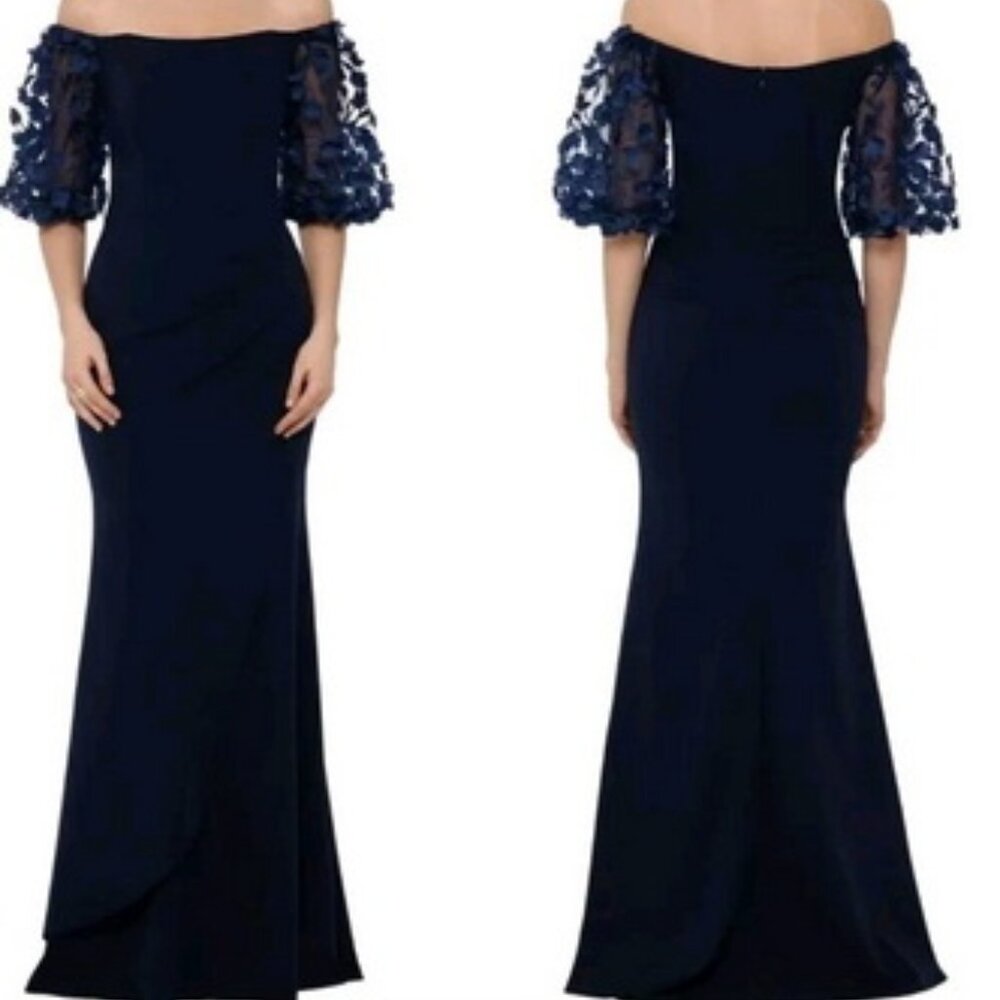 Xscape Navy Blue Floral Applique Half Sleeve Scuba Gown